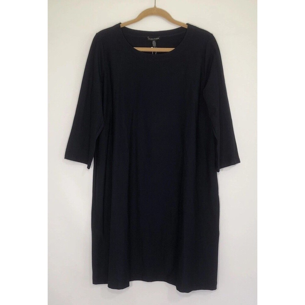 Eileen Fisher Washable Stretch Crepe Scoop Neck Dress L MIDNIGHT  3/4 Sleeve NWT